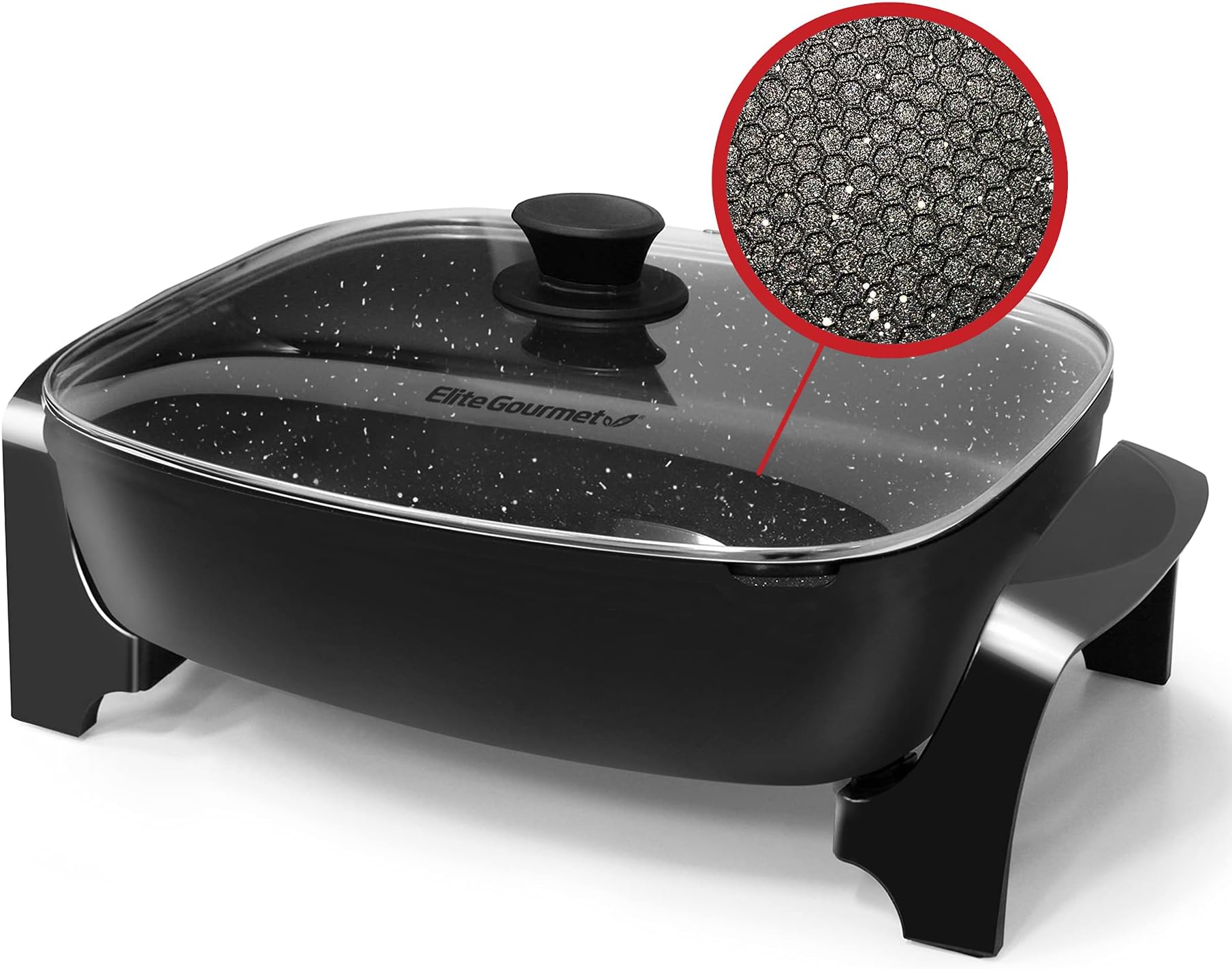Elite GourmetEG6203 PFOA-Free 16"x 3"x3.2" / 10.5Qt Scratch Resistant Dishwasher Safe, Easy to Clean, Non-Stick Electric Skillet with Glass Vented Lid, Trigger Release Probe, Aluminum, Black