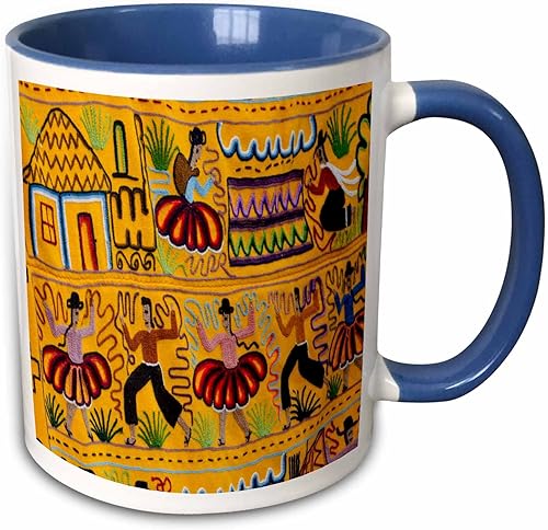 3dRose Ecuador Quito Otavalo Artesanía Mercado Bordado Textil Manta Textil Taza de Dos Tonos, 11 oz, Azul