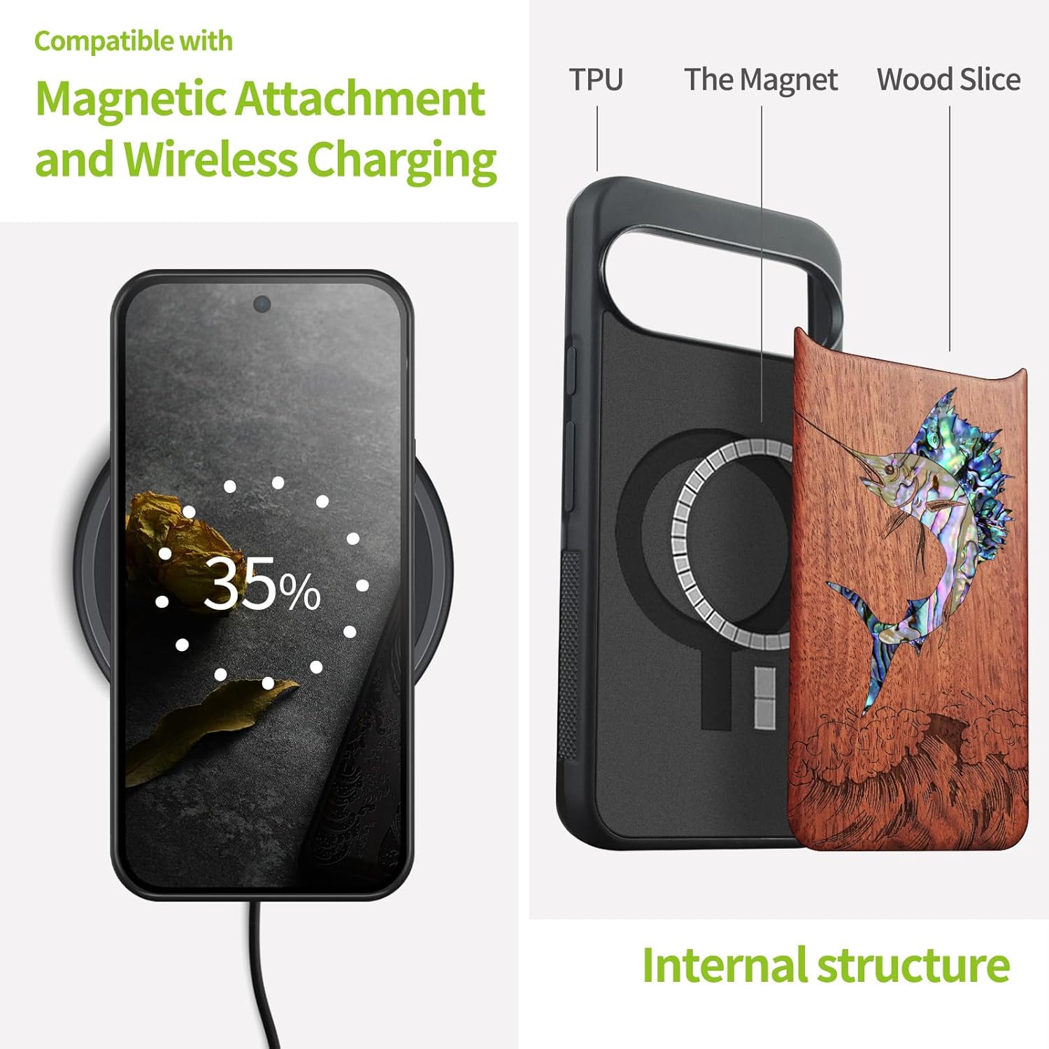 Carveit Magnetic Wooden Case for Pixel 10 / Pixel 10 Pro Case, Wood Artisan Engraved & Handmade Shell Inlaid, Compatible with MagSafe Wireless Chargers, Soaring Marlin - Rosy