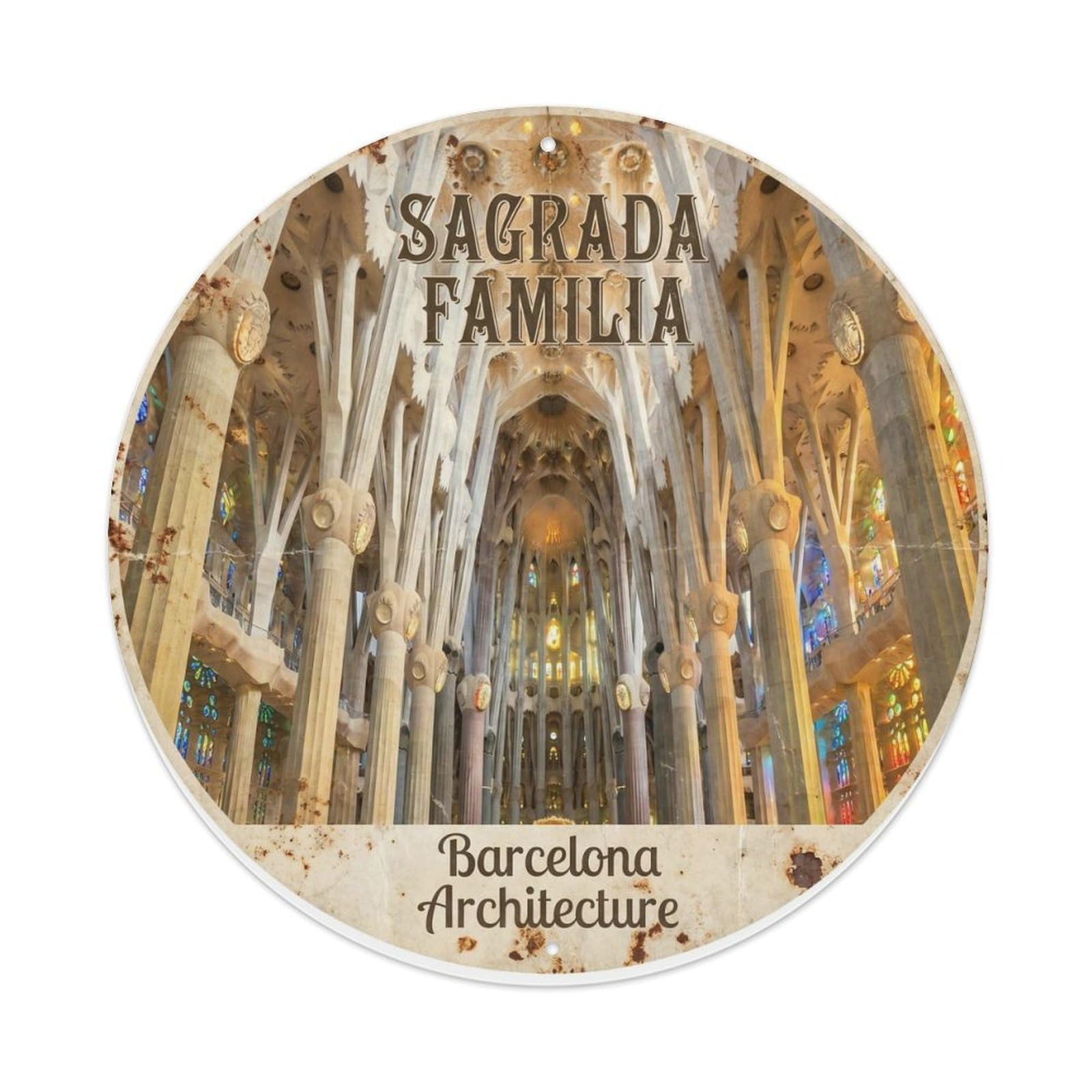 Barcelona Basilica Architecture Vintage Spain Travel Landmark Metal Tin Sign Plaque Wall Decor for Cafe, Man Cave, Club Bar, Office, Home Garden Round Metal Poster 8x8Inch