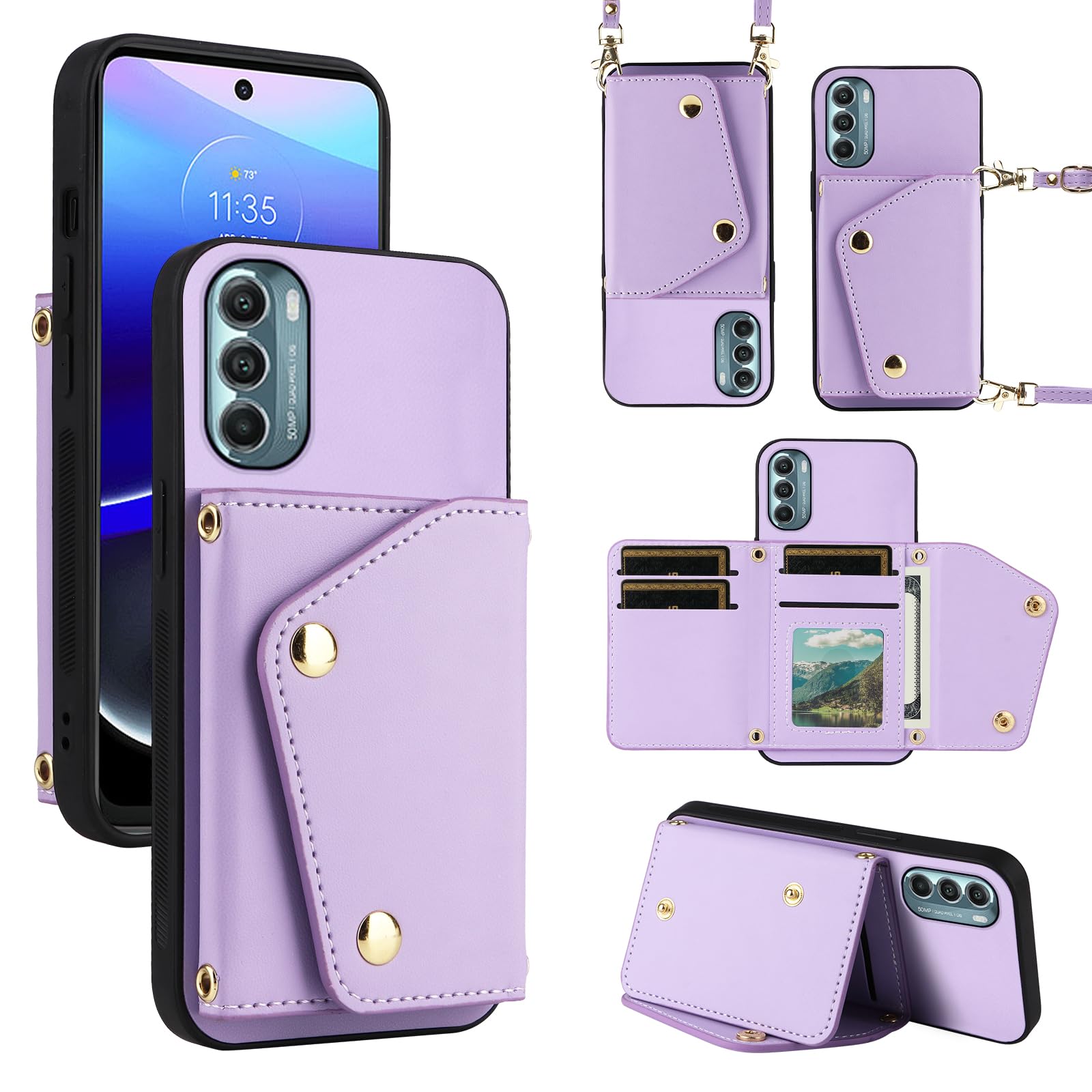 Dibosom Luxury Wallet Case for Motorola Moto G Stylus 5G 2022 with 5 Card Slots Thin Slim Flip Purse & Shoulder Strap,Credit Card Holder Stand Phone