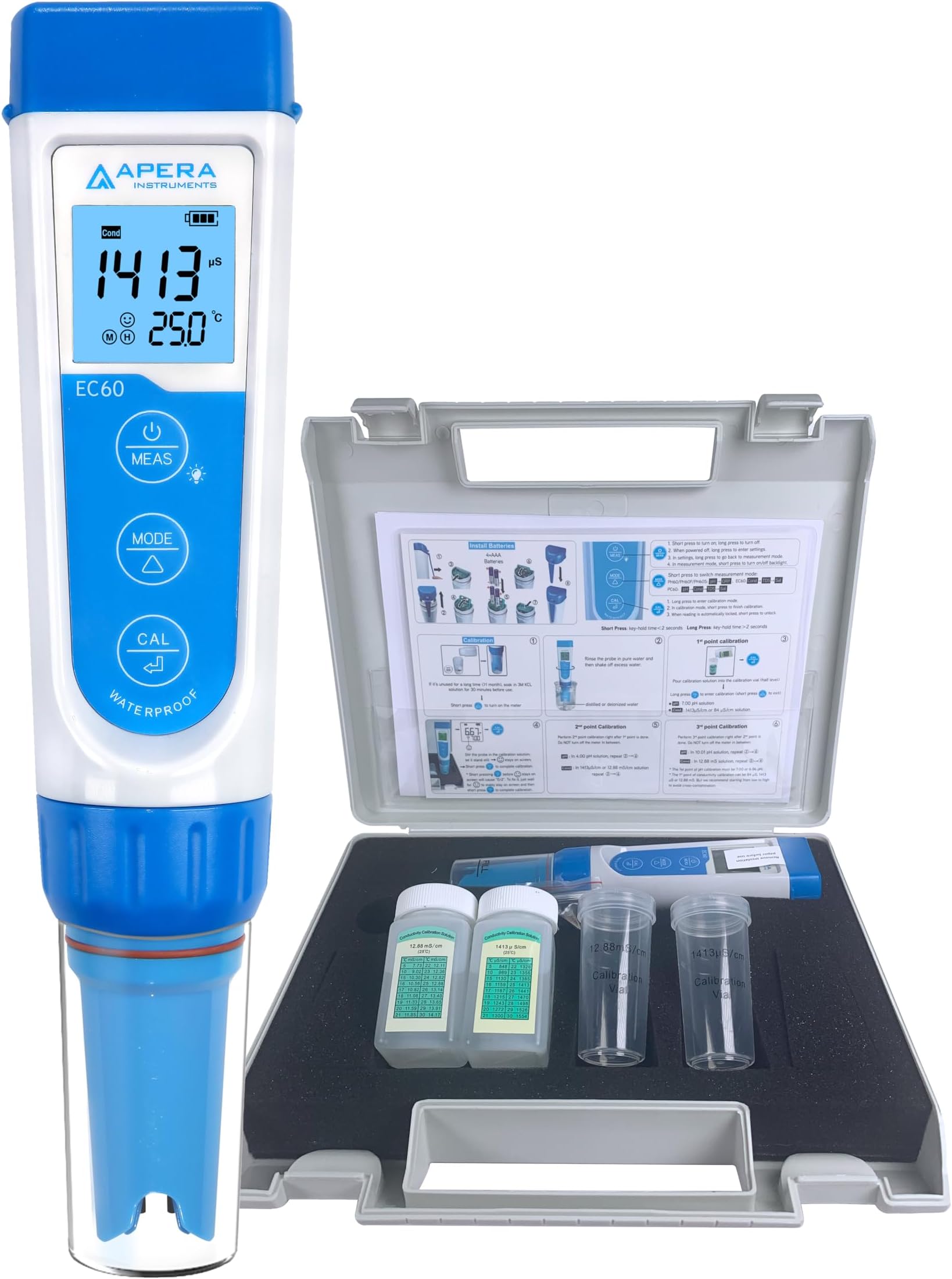 EC60 Premium Waterproof Conductivity Pocket Tester, ±1% F.S Accuracy, Easy Switch of EC/TDS/Salinity, Replaceable BPB Sensor