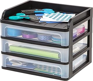 IRIS USA Plastic Desk Top 3-Drawer Storage Organizer with Paper Tray Top...