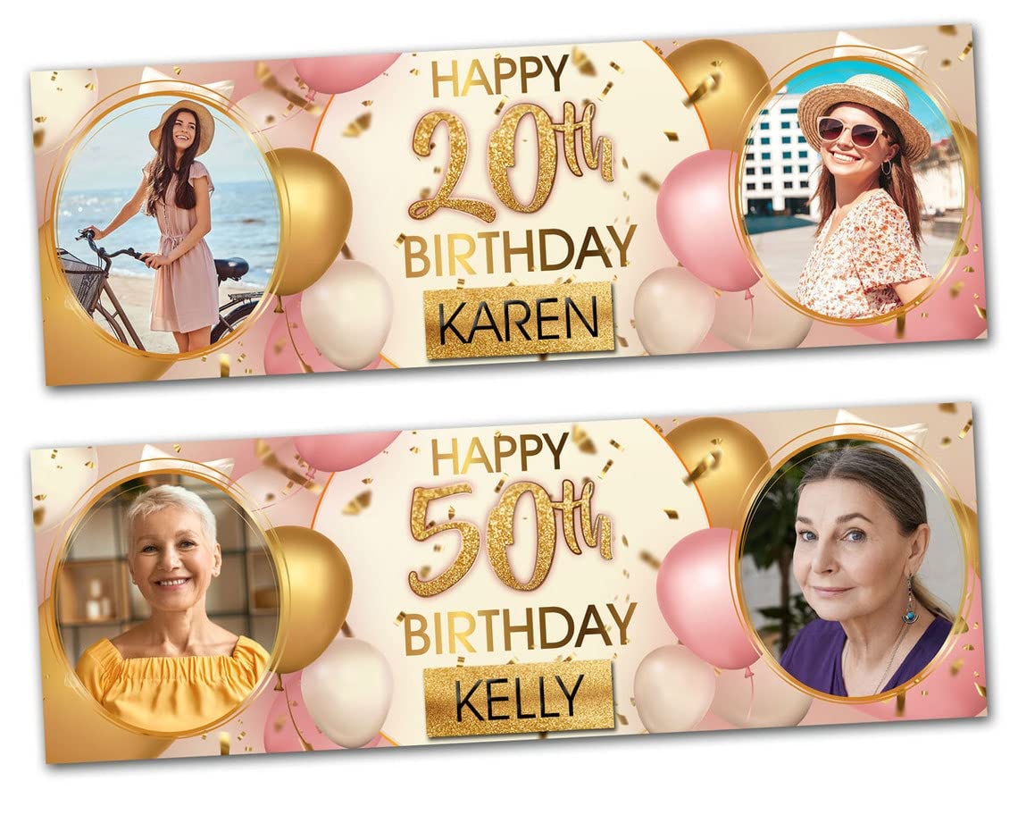 2 personalised birthday banner Photo Rose Gold Pink celebration poster decoration star balloon bunting party banner-16th 18th 21st 30th 40th 50th 60th 70th