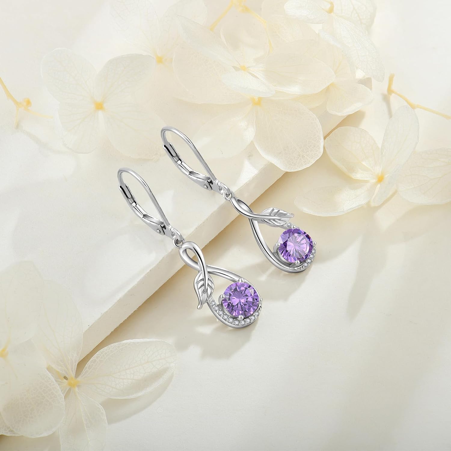 Infinity Dangle Drop Earrings 925 Sterling Silver Leverback Earrings with Leaf Cubic Zirconia Drop Earrings Anniversary Jewelry for Women