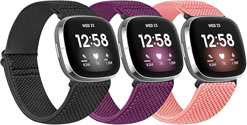 Vista 52 de Paquete de 3 correas elásticas de nailon compatibles con Fitbit Versa 4/Versa 3/Sense 2/Sense, suave, ajustable, transpirable, correas de repuesto