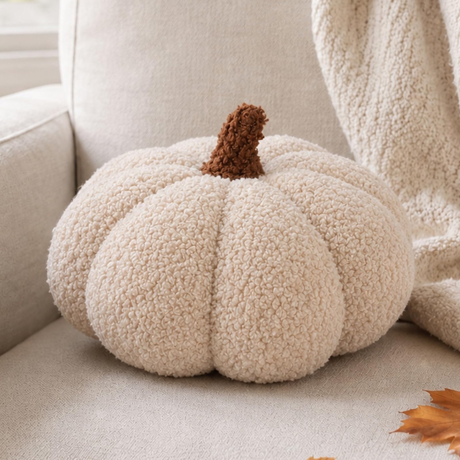 Fohuanky Cosy Pumpkin Pillow for Autumn & Halloween Home Décor 20cm Fleece Pumpkin Cushion to Add Warmth & Style to Living Room Sofa Bedroom & Seasonal Gifts (Beige)