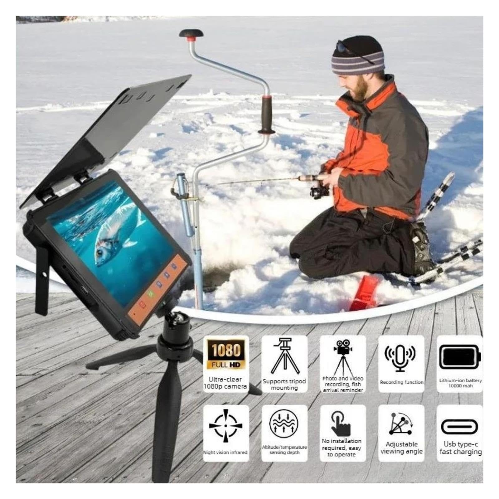 Videocamera da pesca subacquea 1080P 8 pollici 10000mAh Video Fish Finder,Alta definizione