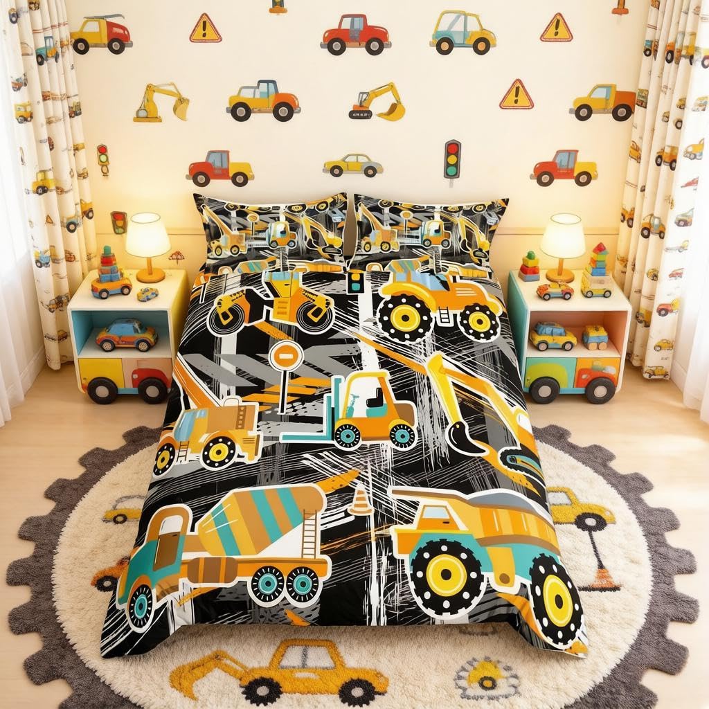 Loussiesd Boys Cartoon Excavator Bedding Set Truck for Kids Girls Nursery Vehicles Comforter Cover Children Cute Machinery Cars Print Duvet Cover Construction Site Bedding & Linen King Size — image 1