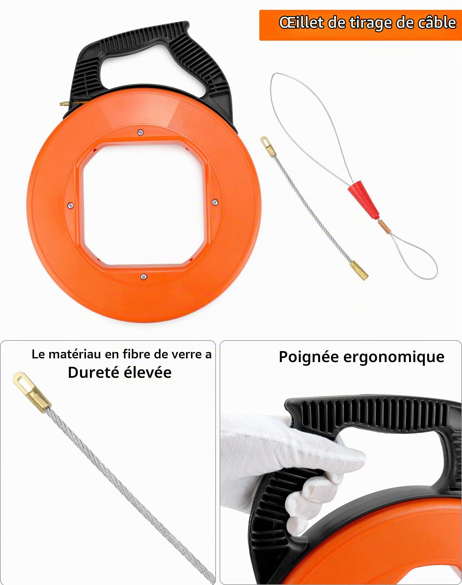 QWORK® Tire Fil Electrician 50 Mètres, Aiguille Electricien, Pour La Pose De Câbles Avec Ressort De Guidage, Diamètre 4 mm
