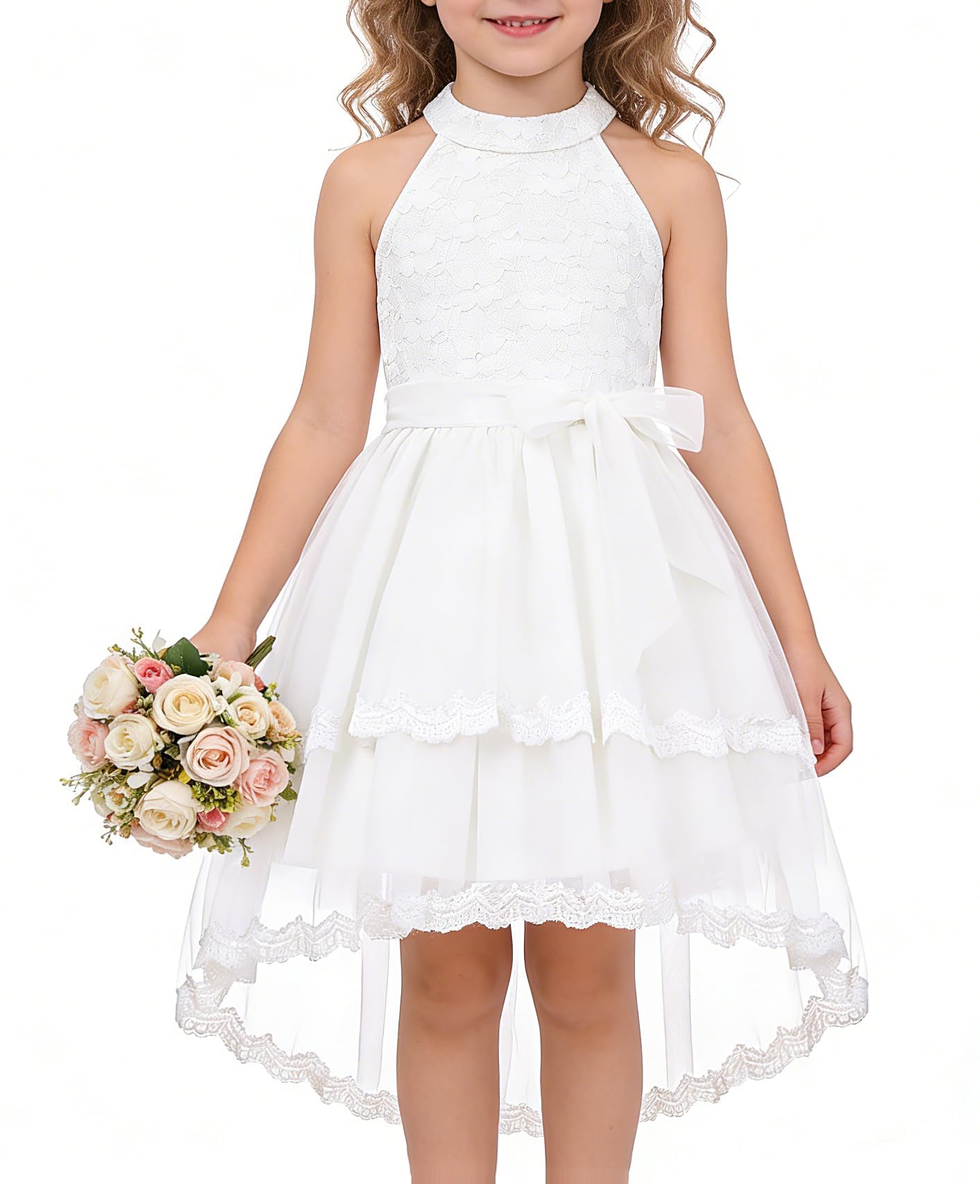GRACE KARIN Vestidos de fiesta de boda de malla para niñas, cuello redondo, acampanados, vestidos de comunión festivos