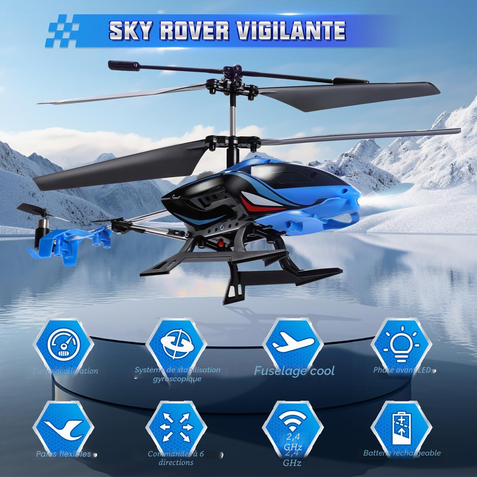 A Alpha Sky Rover Hélicoptère RC, 2.4G Avion télécommandé avec lumières LED, Hélicoptère télécommandé Jouet intérieur extérieur pour Enfants Garçons Filles 8 9 10 11 12 Ans, Bleu