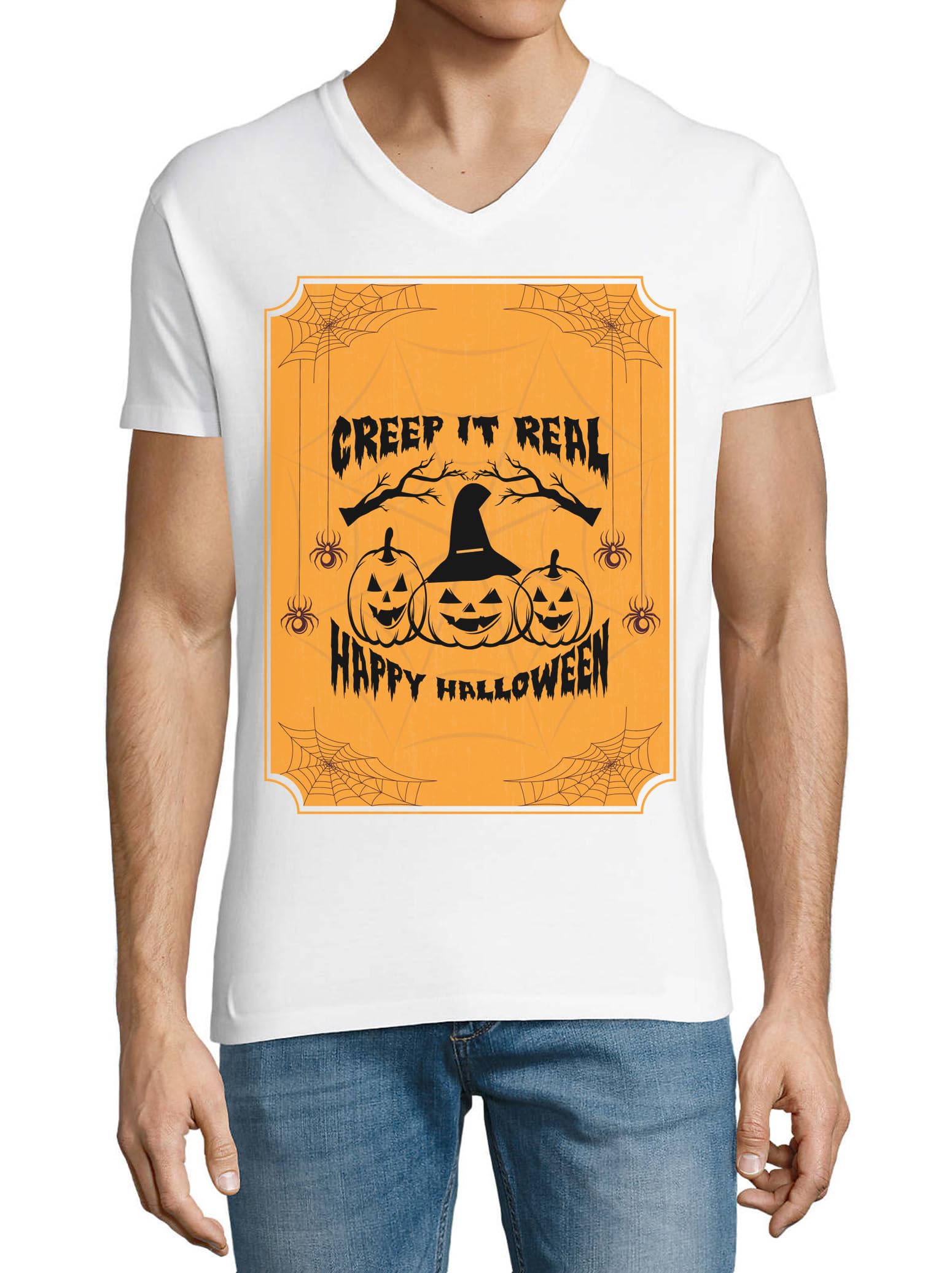 T-shirt Halloween coton blanc graphique citrouille araignée col V - 2