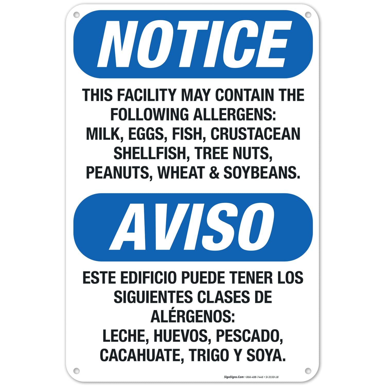 Food Allergy Notice Milk, Eggs, Fish, Crustacean, Nuts, Bilingual Sign, OSHA Notice Sign, 12x18 Inches, 55 mil Thick HDPS, Made in USA
