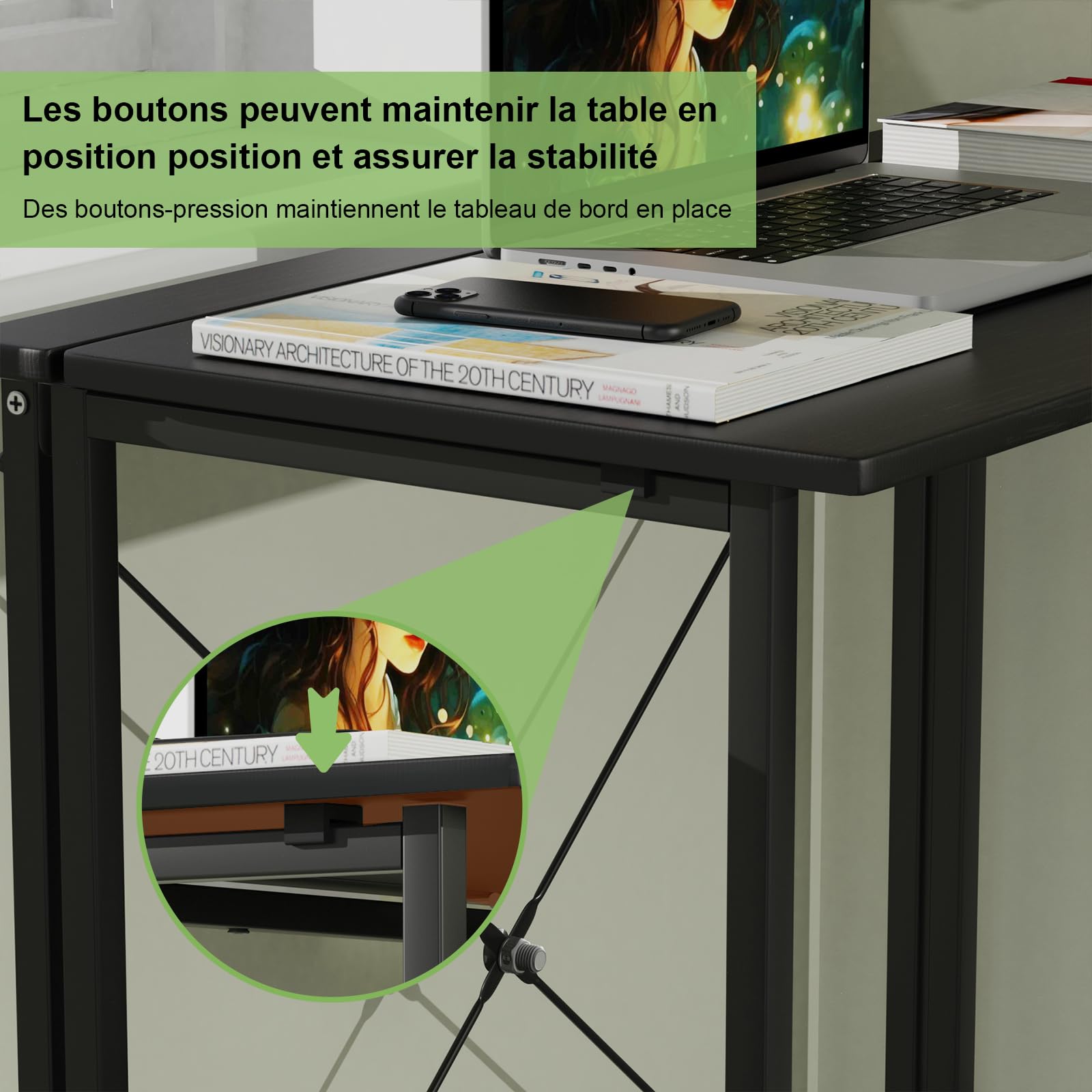 PIPIPOXER Table d'Ordinateur Pliante pour Bureau, Chambre, Lit, Canapé - Étude à Domicile - Noir 80x45x74cm