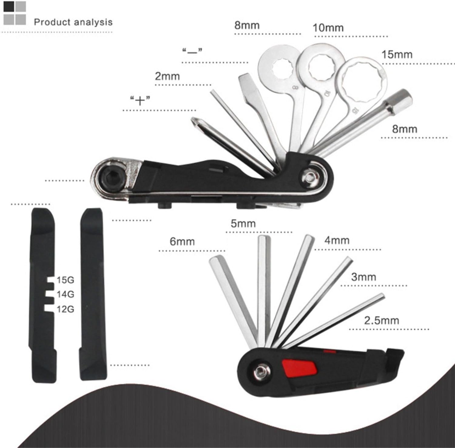 Bike Multifunction Tools 15-Function Bicycle Multitool with Hex Keys, Spoke and Wring Wrenches, Screwdrivers, Tire levers and Chain Rivet Extractor