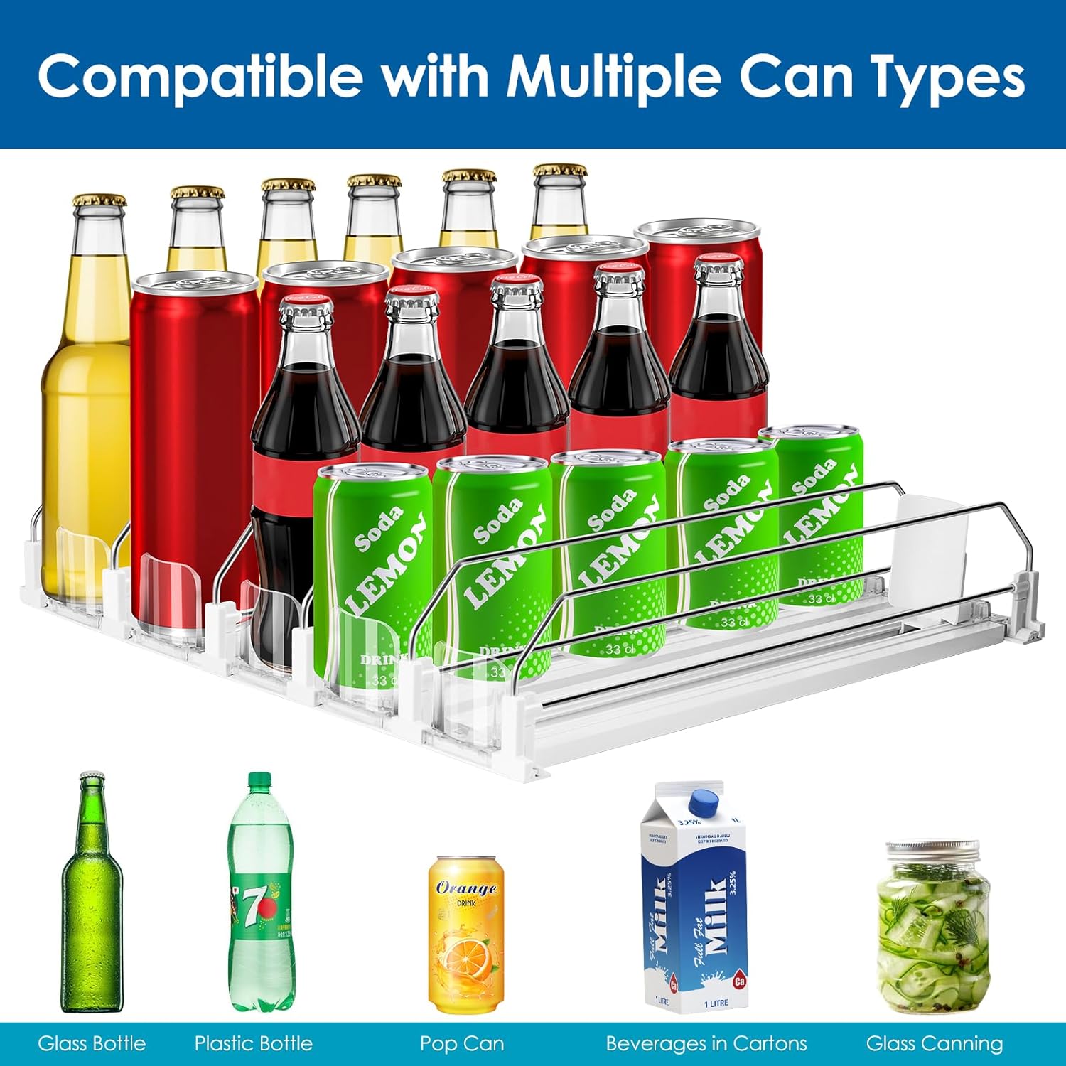 asika Drink Organizer for Fridge, Adjustable Width Soda Can Dispenser for Refrigerator Organizers and Storage, 5 Rows Beer Bottle Beverage Holder with Pusher Glide (16.54" L, White) - Image 7