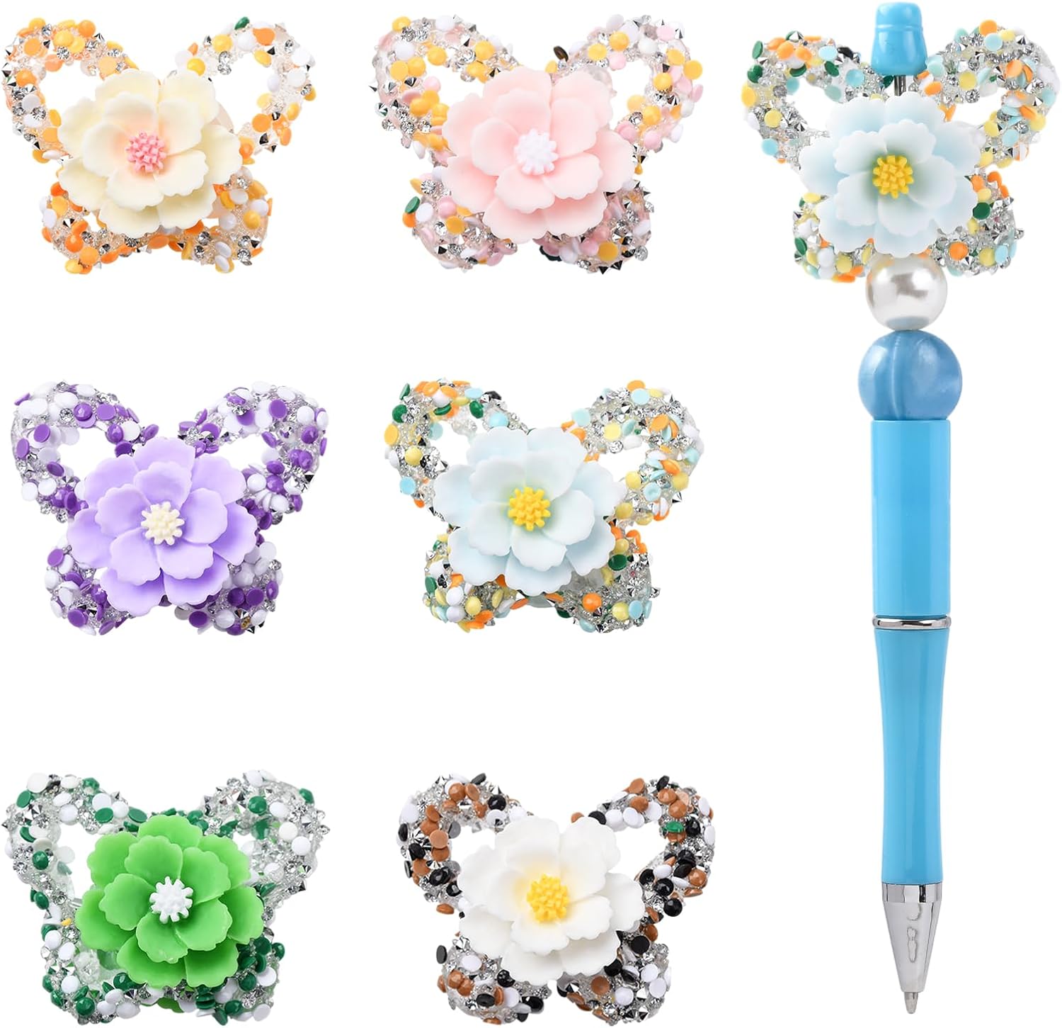 BEEFLYING 6Pcs Butterfly Beads for Pens Making Acrylic Sparkling Rhinestone Spacer Beads for DIY Beadable Pens Jewelry Keychain Phone Charm Making