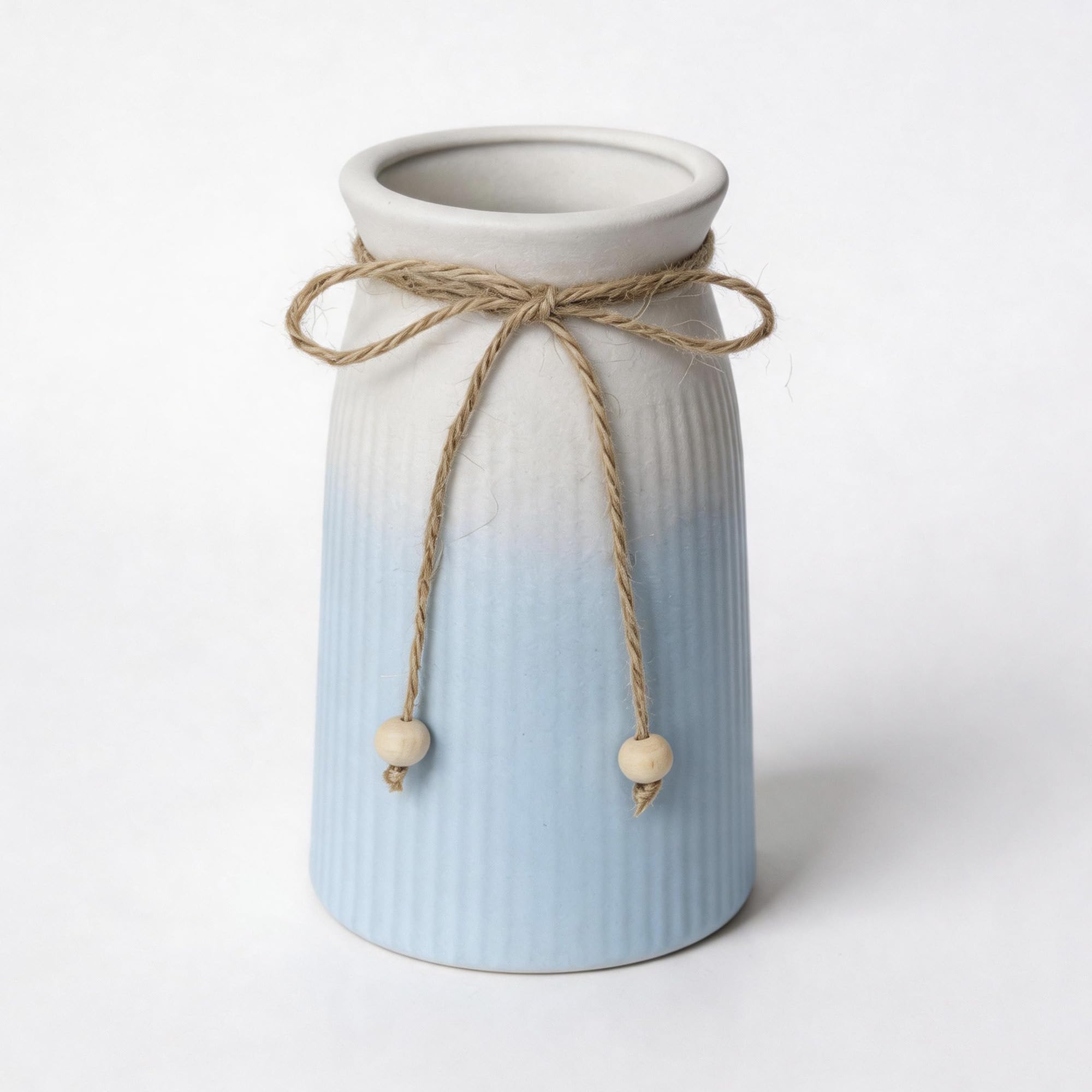 15CM Tall Ceramic Vase for Home Décor, Blue Color Farmhouse Ribbed Vase with Twine Bow, Small Decorative Flower Vase for Pampas Grass, Rustic Boho Table Centrepiece, Shelf & Living Room