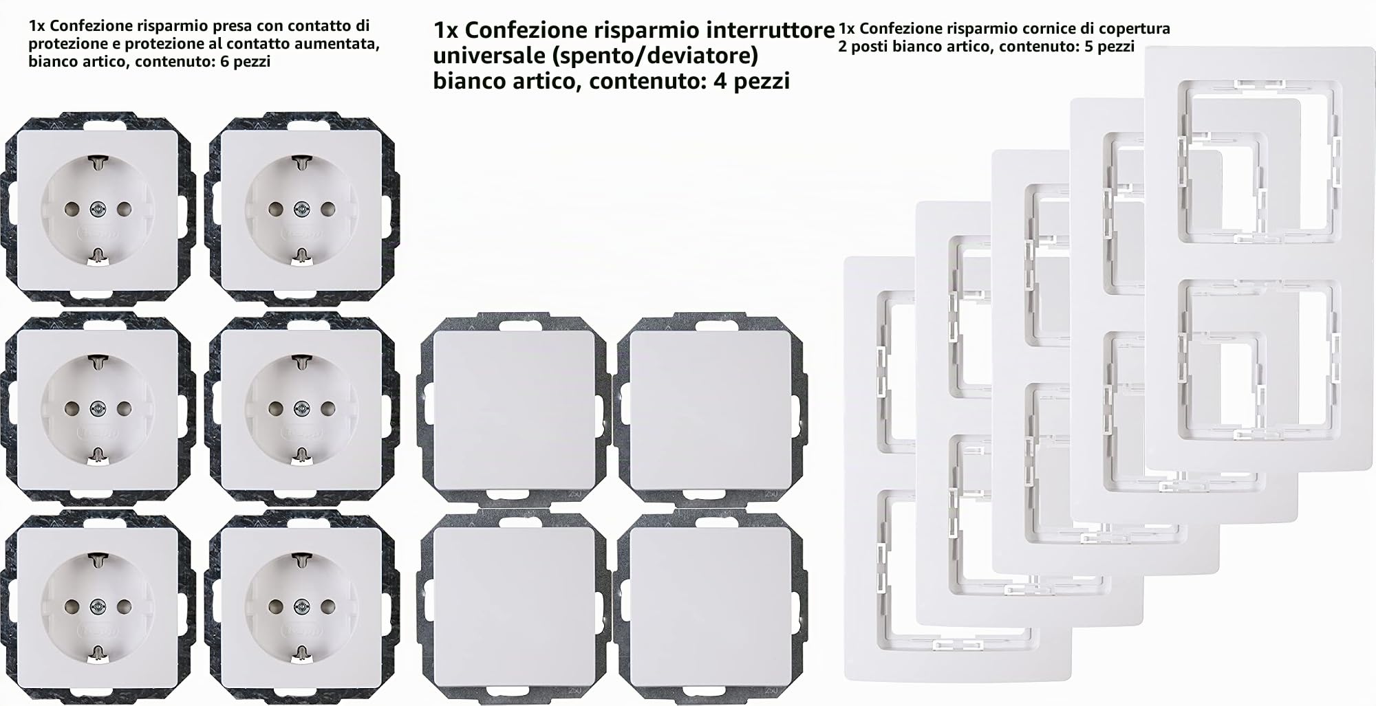 Kopp Paris Set economico bianco artico, contenuto: 6 x prese di contatto con protezione aumentata, 4 x interruttori di spegnimento e commutazione e 5 x telai di copertura a 2 pieghe, 990065007
