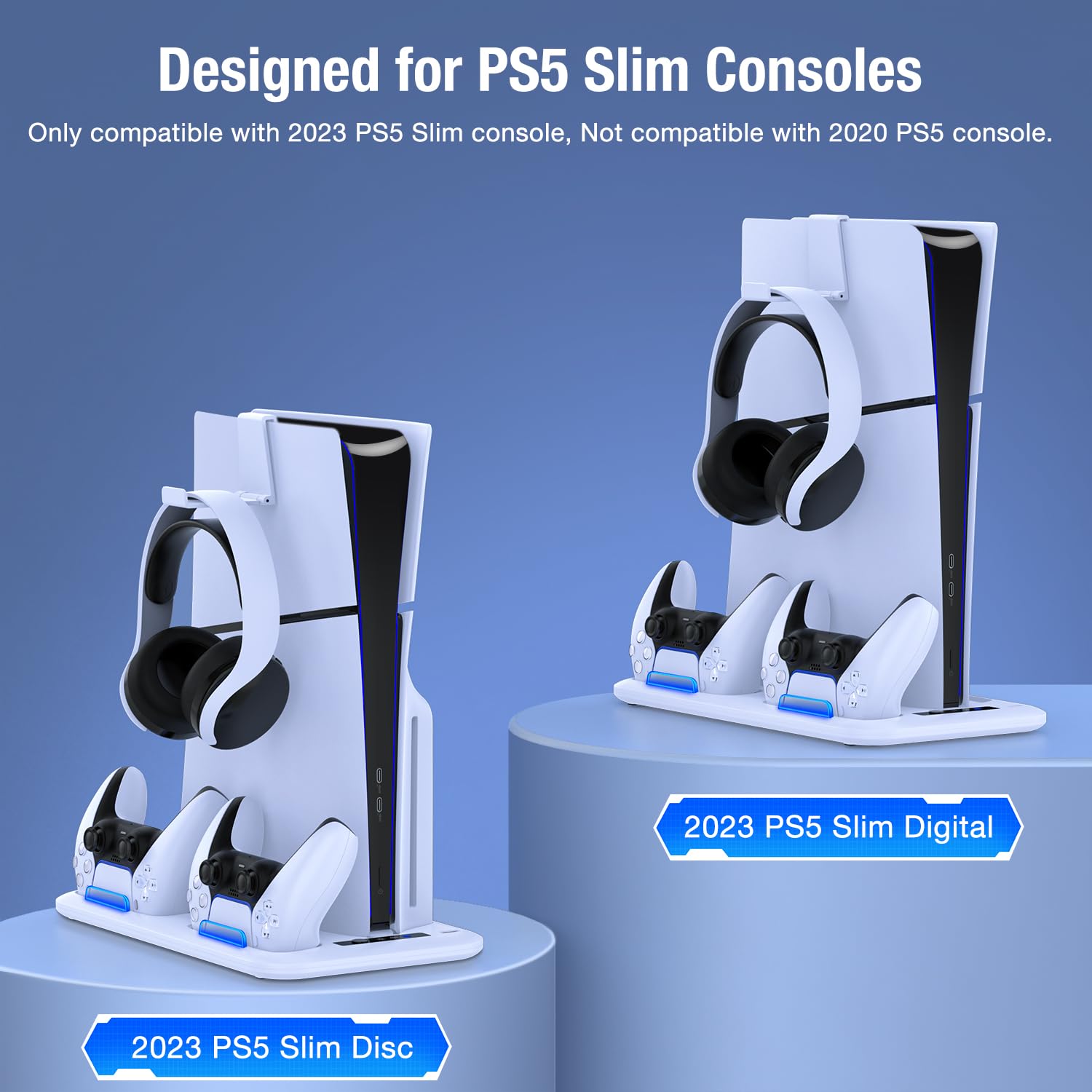 Station de refroidissement fine PS5 avec chargeur double contrôleur, ventilateur de refroidissement turbo à 3 vitesses, hub USB et crochet pour casque pour console Playstation 5 Slim Edition/Digital