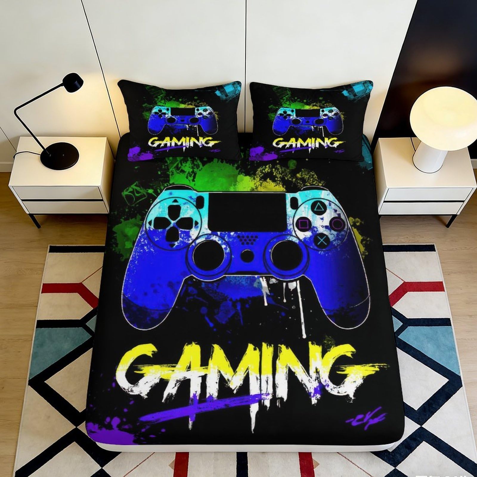 Uxinyoume Style-5 3D Printed Gaming Controller Fitted Sheet Microfiber Soft Breathable Graffiti Bed Cover For Bedroom Dorm Decor 90X200x25cm