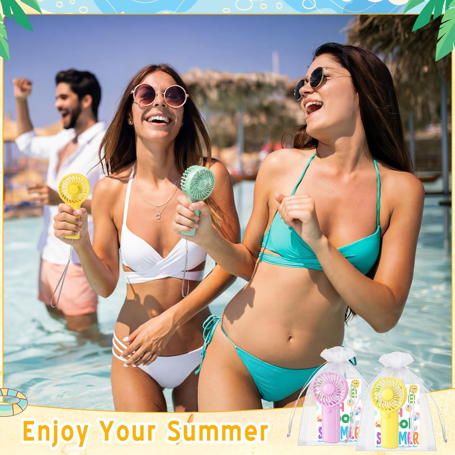 Rossesay 24 Sets End of Year Gifts Mini Portable Fans Summer Party Favors Battery Operated Handheld Fans with Thank You Cards Organza Bags for Office Graduation Beach Party(Pastel Style)