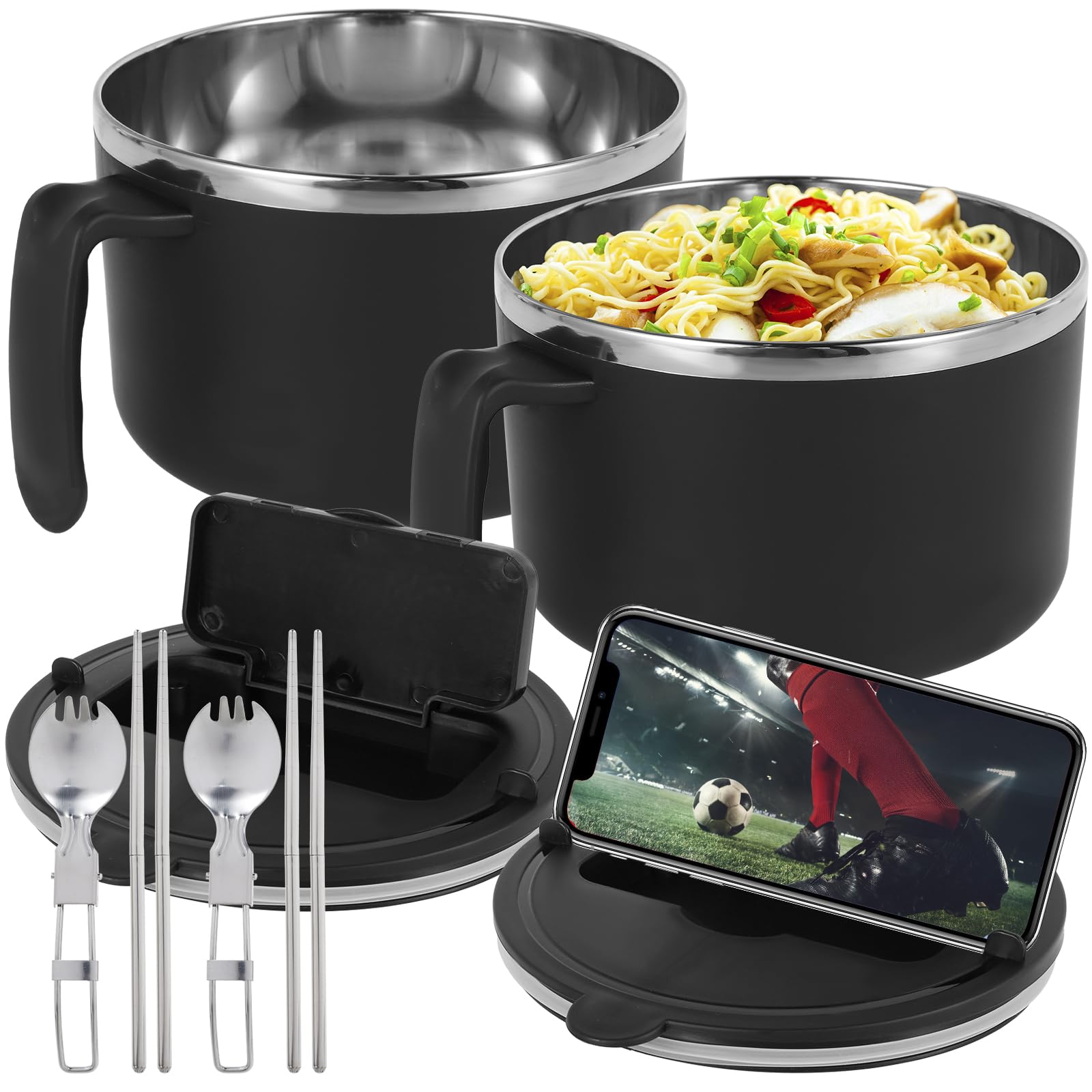 Rapid Ramen Cooker Bowl, 1200ml Insulated Stainless Steel Noodle Bowl with Drainer Filter Lid, Folding Spoon & Chopsticks, Phone Holder | Portable Soup Bowl for Dorm, Office, College (Black-2Pcs)