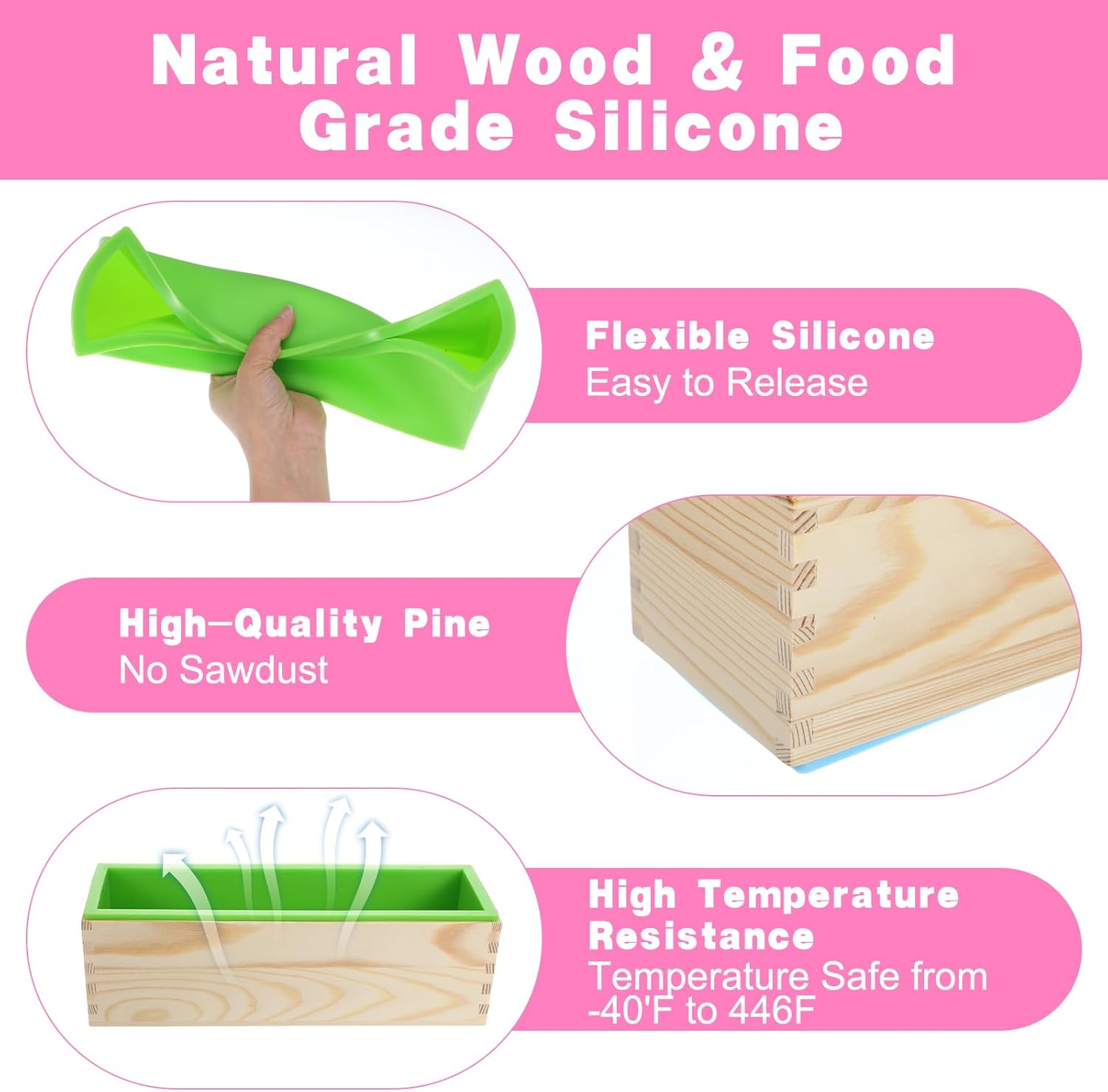 3 Pcs Soap Making Molds with Wood Box Tray, Flexible Rectangular Silicone Soap Molds for Homemade Craft DIY Tool (Blue, Pink, Green)