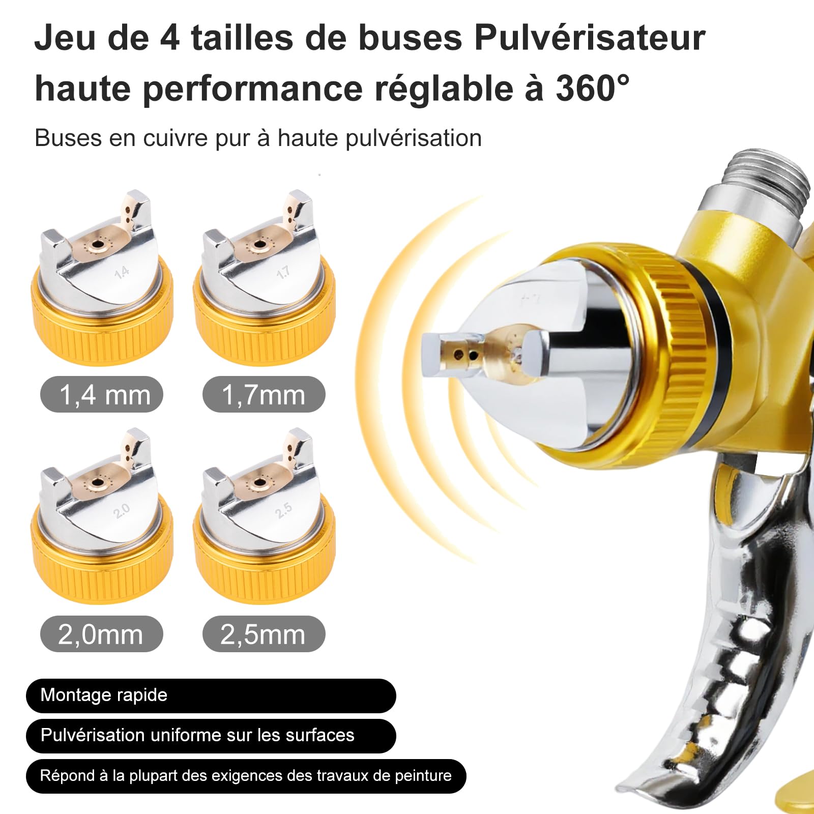 Pistolet à Peinture HVLP à gravité, 3 Buses 1,4/1,7/2,0mm, 10 Godets 650ml