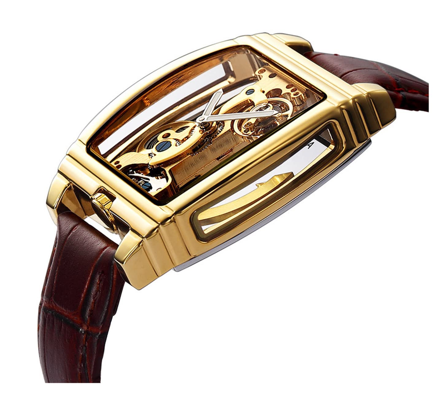 MASTOP Relojes de pulsera de cuero mecánicos para hombre, de lujo, transparente, automático, Steampunk, esqueleto, Dorado marrón, Classic