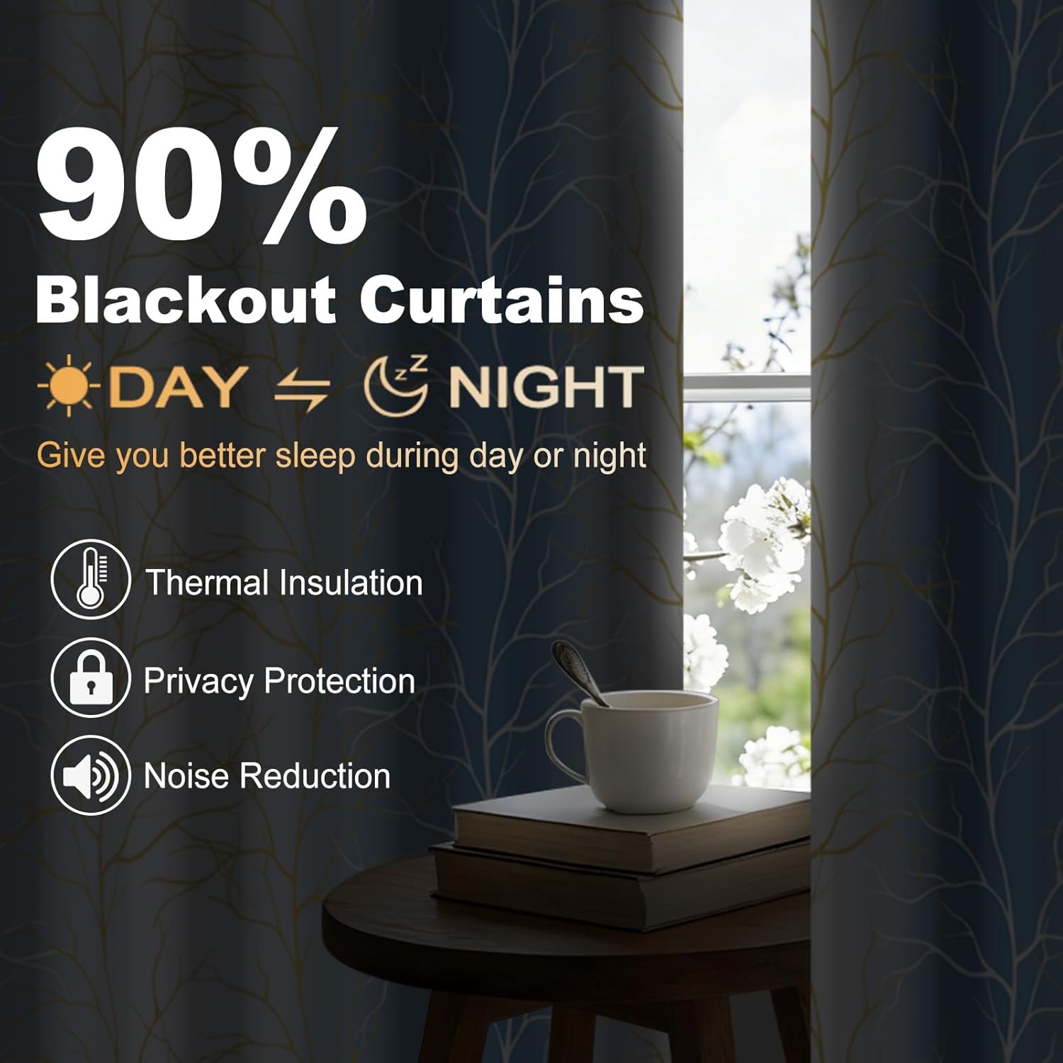 Blue and White Ombre Blackout Curtains 84 Inches Long, Farmhouse Tree Branch Curtains for Living Room Bedroom, Thermal Insulated Drapes with Grommet Top, 2 Panels, 52W x 84L