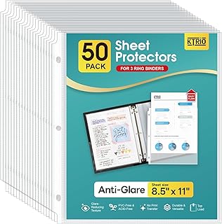 KTRIO Non Glare Sheet Protectors 8.5 x 11 inch 50 Pack, Clear Page Protector for 3 Ring Binder, Plastic Sleeves for Binders, Top Loading Paper Sheets Document Sleeve Letter Size, Office & Home