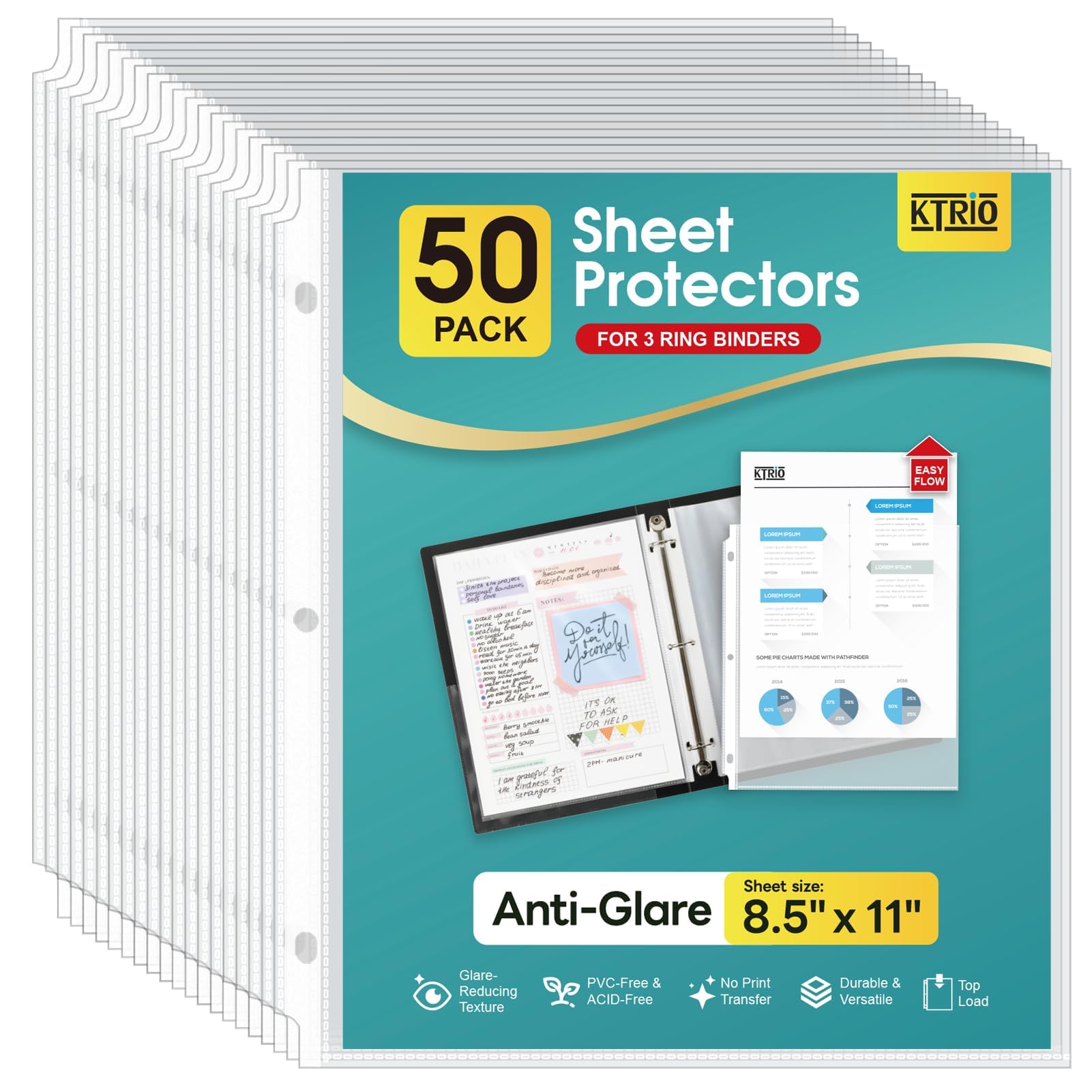 Ktrio Sheet Protector 8.5 x 11 Inches Non-Glare Clear Page Protectors, Plastic Sleeves for Binders, Paper Protector for 3 Ring Binder Letter Size Top Loading, 50 Pack