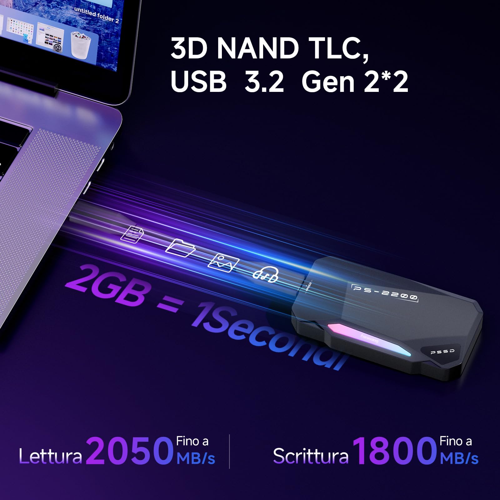 fanxiang 2TB SSD Esterno Magnetico，Fino a 2050MB/s, USB 3.2 Gen2 USB-C, SSD Portatile con RGB LEDs, 4k ProRes HDR, Unità a Stato Solido Esterna per iphone15/16, Android/Pc/Mac-PS2200