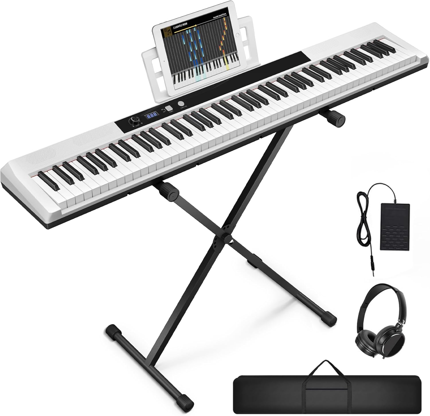 88 Key Semi-weighted Electronic Keyboard Piano,Full Size Digital Piano Portable Keyboard with Stand, Sustain Pedal, Power Supply?MIDI/USB/MP3 Function for Beginners at Home/Stage?White?