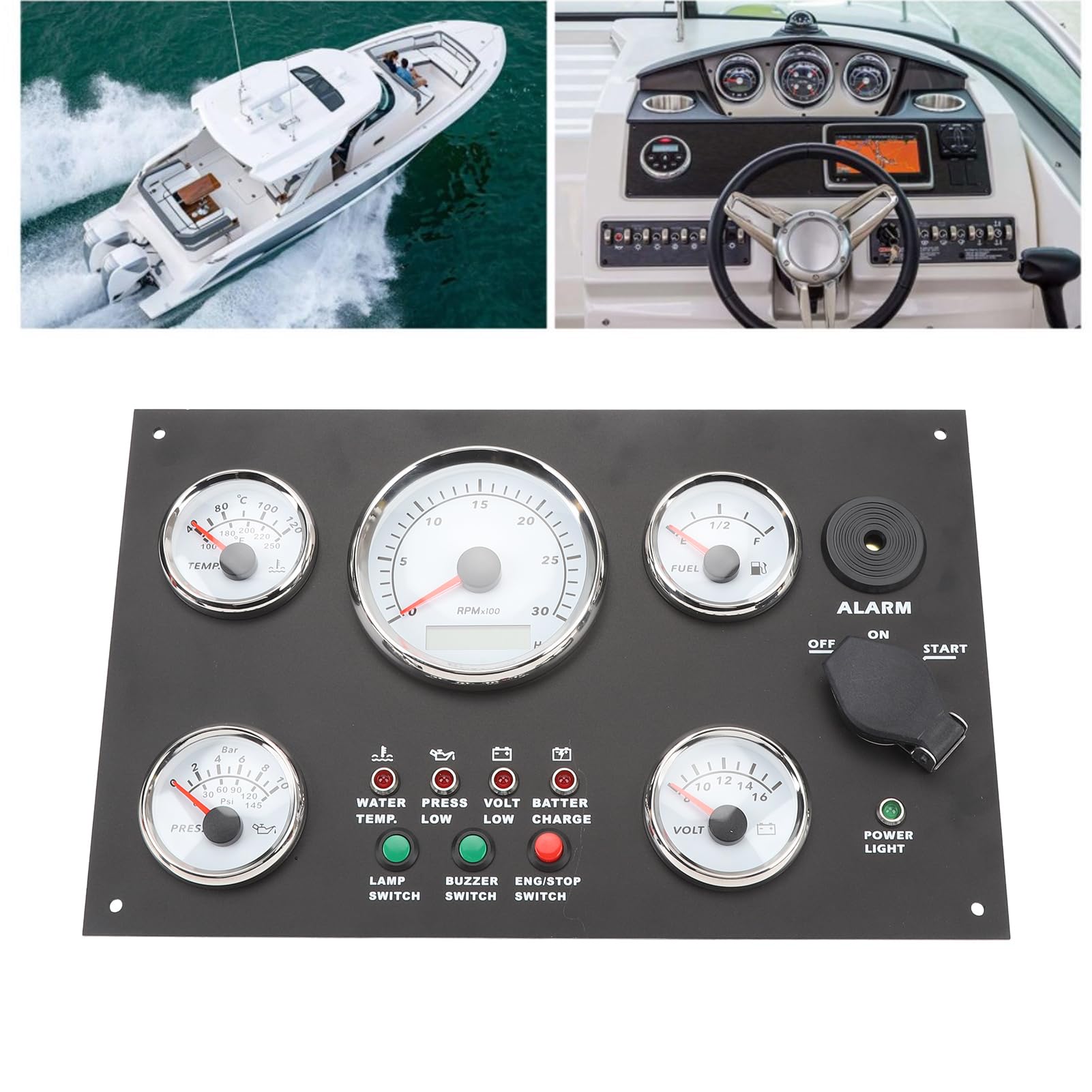Panel de calibre Torvex, 300 x 190 mm, panel de instrumentos para barco, tacómetro, medidor de tablero, 0-3000 RPM, temperatura del agua, presión de aceite para yate (Blanco 12V)