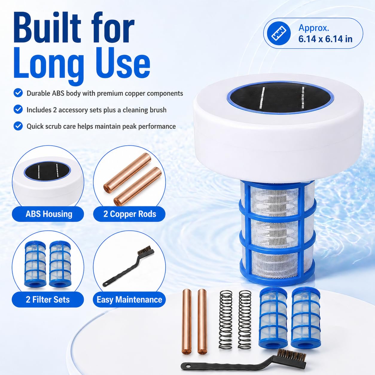 Limpiador ionizador Solar para Piscinas, purificador de Piscinas de Iones de Plata y Cobre con 2 Juegos de Accesorios, sin Cloro, para Piscinas elevadas, jacuzzis SPA