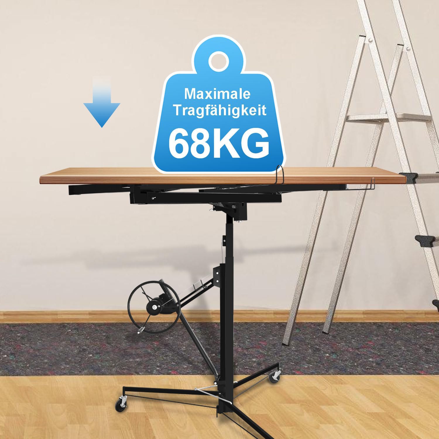 Plattenheber Klappbar XXL, 132–335 cm Arbeitshöhe Höhenverstellbar, 68 kg Traglast, max. 294 cm Lastarmbreite, Stabiler Profi-Plattenlift mit Rollen für Rigipsplatten & Trockenbau, Schwarz