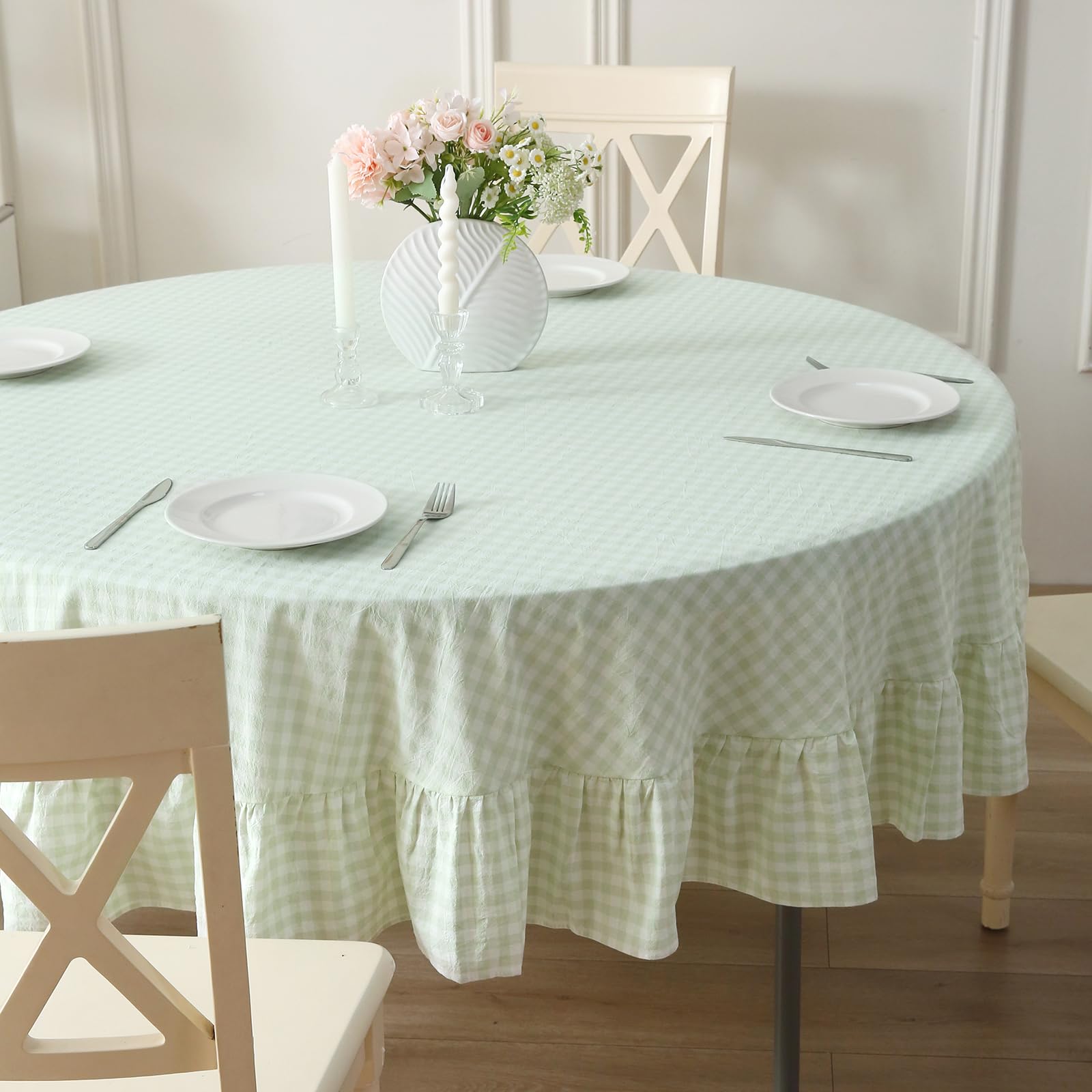 K MASANIJI 100% Cotton Round Tablecloth, Pile Green/White Plaid, Ruffled Edge, Dia. 70 inches, Model SXA0060