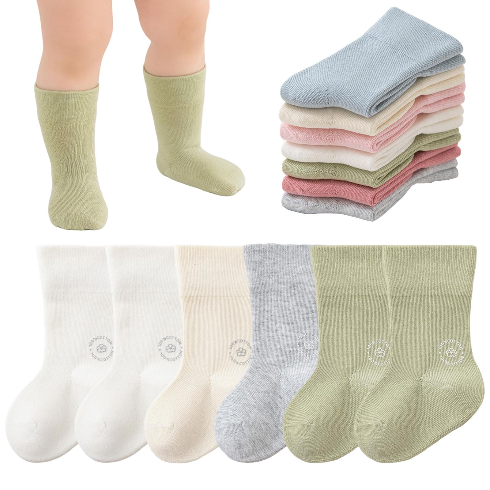 Bebés Calcetines de Algodón 6 Pares Colores sólidos Calcetines elásticos y suaves Niños Niñas — view 9
