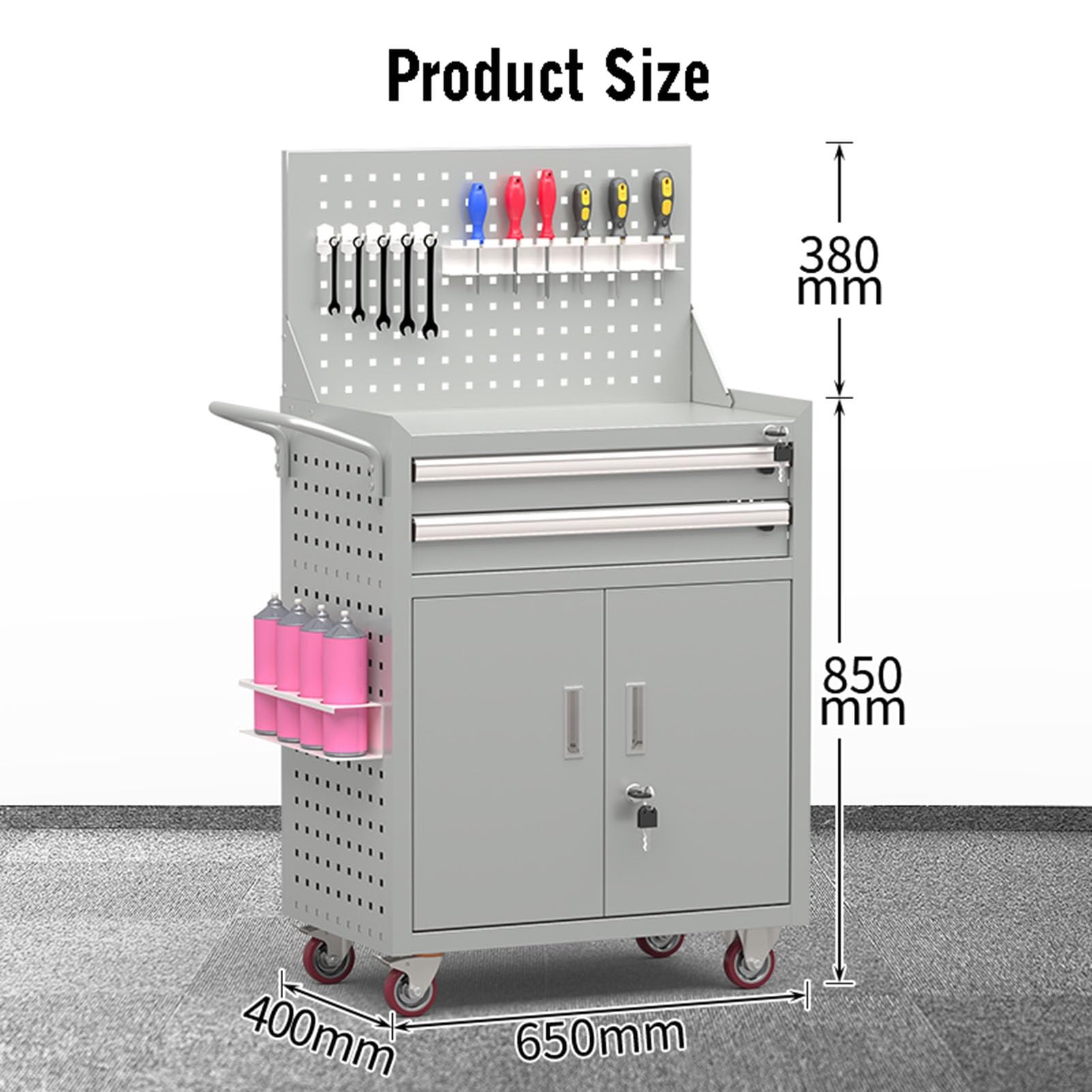Cassetta Portautensili A 2 Cassetti Su Ruote, Carrello Portautensili Da 661 Libbre Su Ruote Con Portacacciavite, Pannello Forato, Carrello Portautensili For Impieghi Gravosi Con Cassetti, Ideale For G