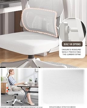 Office Chair Mesh Desk Chair,Ergonomic High-Back Rolling Gaming Work Chairs with Wheels and Adjustable Headrests,Comfortable Flip-up Arms for Home,Bedroom,Study Gaming(White)