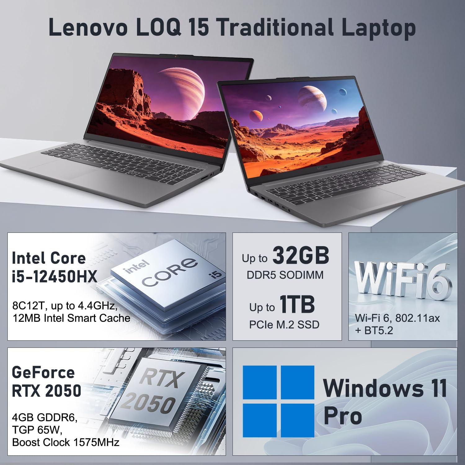 Lenovo LOQ Gaming AI Laptop, GeForce RTX 2050, Intel Core i5-12450HX, 15.6" FHD 1920x1080 IPS 144Hz, Workstation PC, 16GB DDR5, 512GB SSD, Backlit, Wi-Fi 6, HDMI, Windows 11 Pro, 7-in-1 Hub Bundle