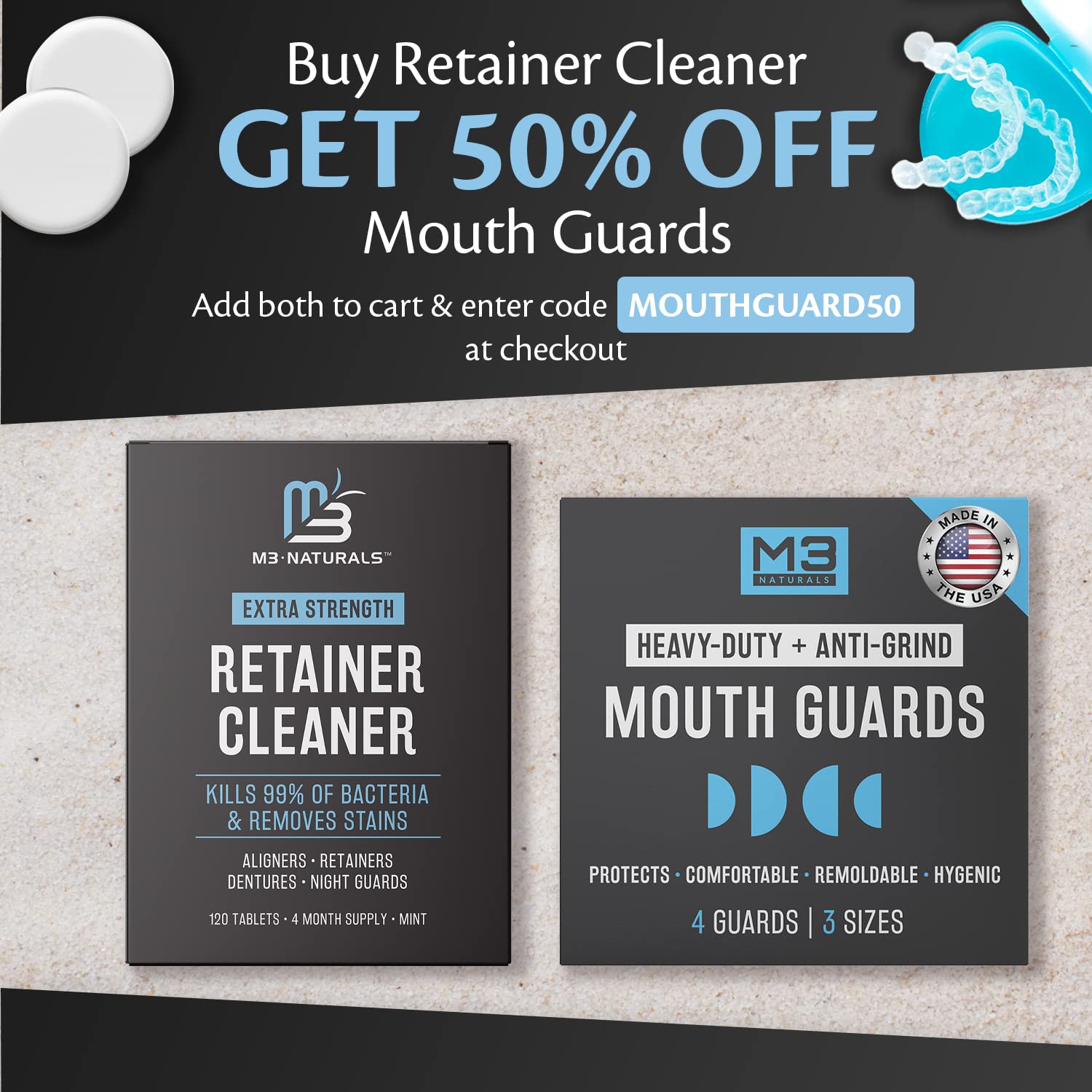 M3 Naturals Retainer and Denture Cleaner 120 Tablets Removes Bad Odors