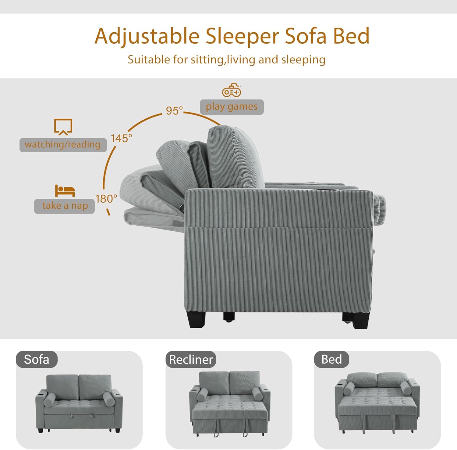 55" Convertible Sofa Bed, Comfy Corduroy Sleeper Sofa with Pull-Out Bed, 3-in-1 Loveseat Sleeper Sofa Bed with 3-Levels Adjustable Backrest, Side Pocket, Cup Holder, USB, for Living Room, Gray
