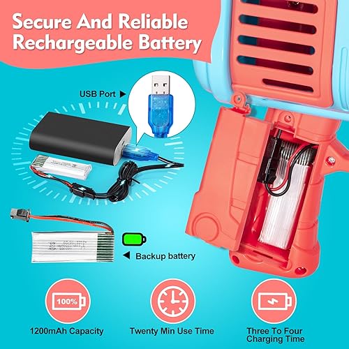 Miniatura 3 de QIHUIPIN Pistola de burbujas de 64 agujeros para niños, ametralladora de burbujas con luces LED y dos baterías recargables, pistola de burbujas