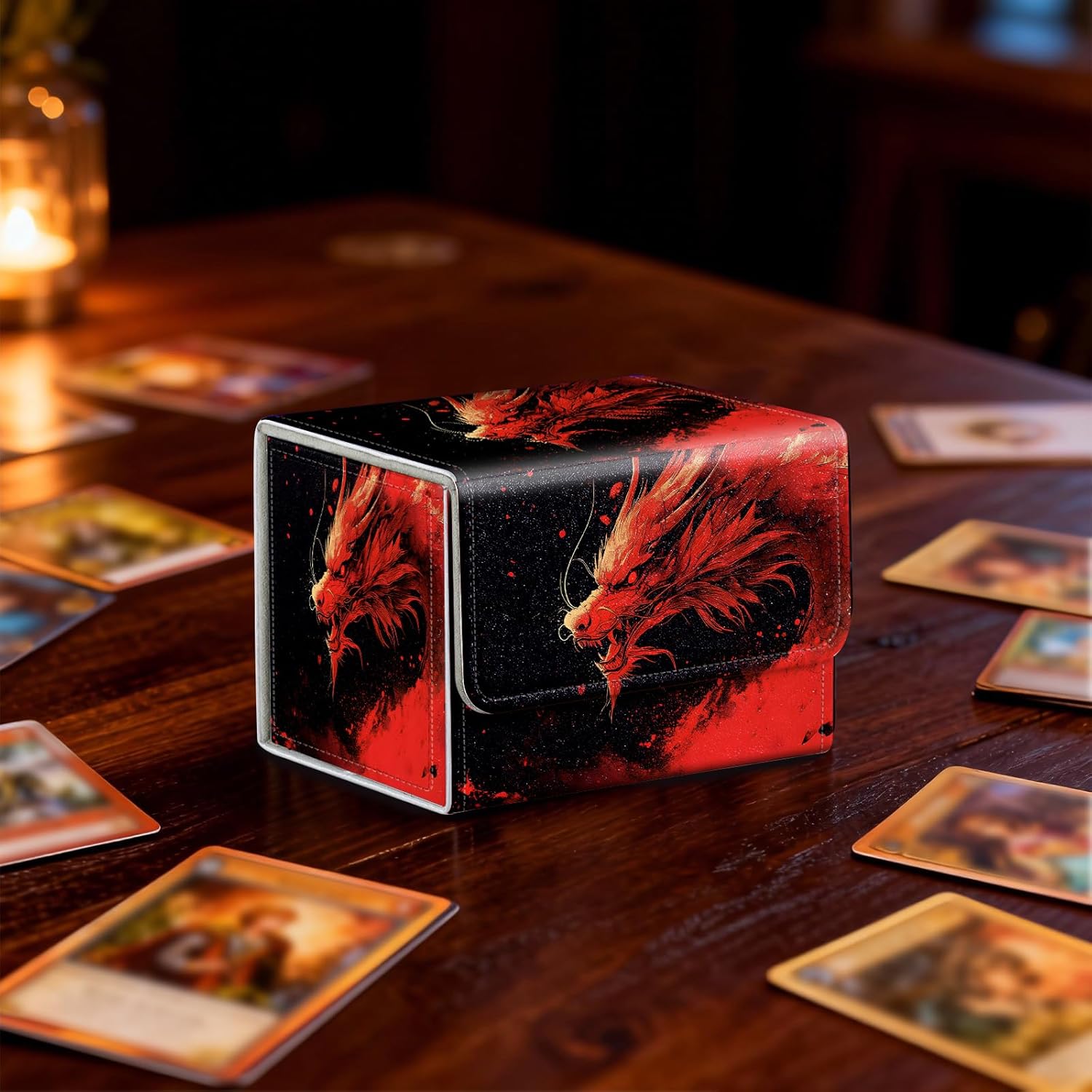 Red Dragon TCG Battle Set: High-Definition Water-Ink Dragon Playmat & Matching Flip Deck Box Bundle, Professional Card Gaming Accessories for MTG, Pokemon, Lorcana with Storage Bag& 3 Dice