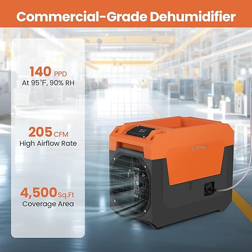 Miniatura 2 de COSTWAY Deshumidificador comercial de 140 pintas con bomba, deshumidificador industrial portátil con manguera de drenaje para sótanos, lugares de