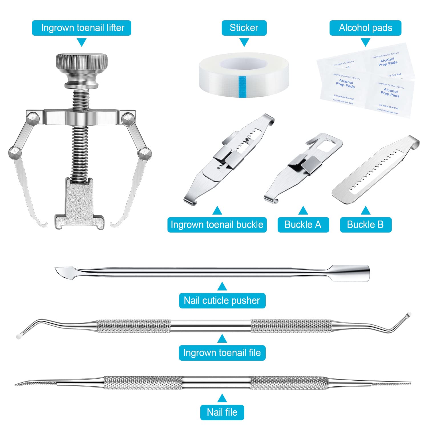 10 Pieces S Size Ingrown Toenail Tools Include Ingrown Toenail Lifter Buckle File Cuticle Pusher Sticker Stainless Steel Foot Care Tool